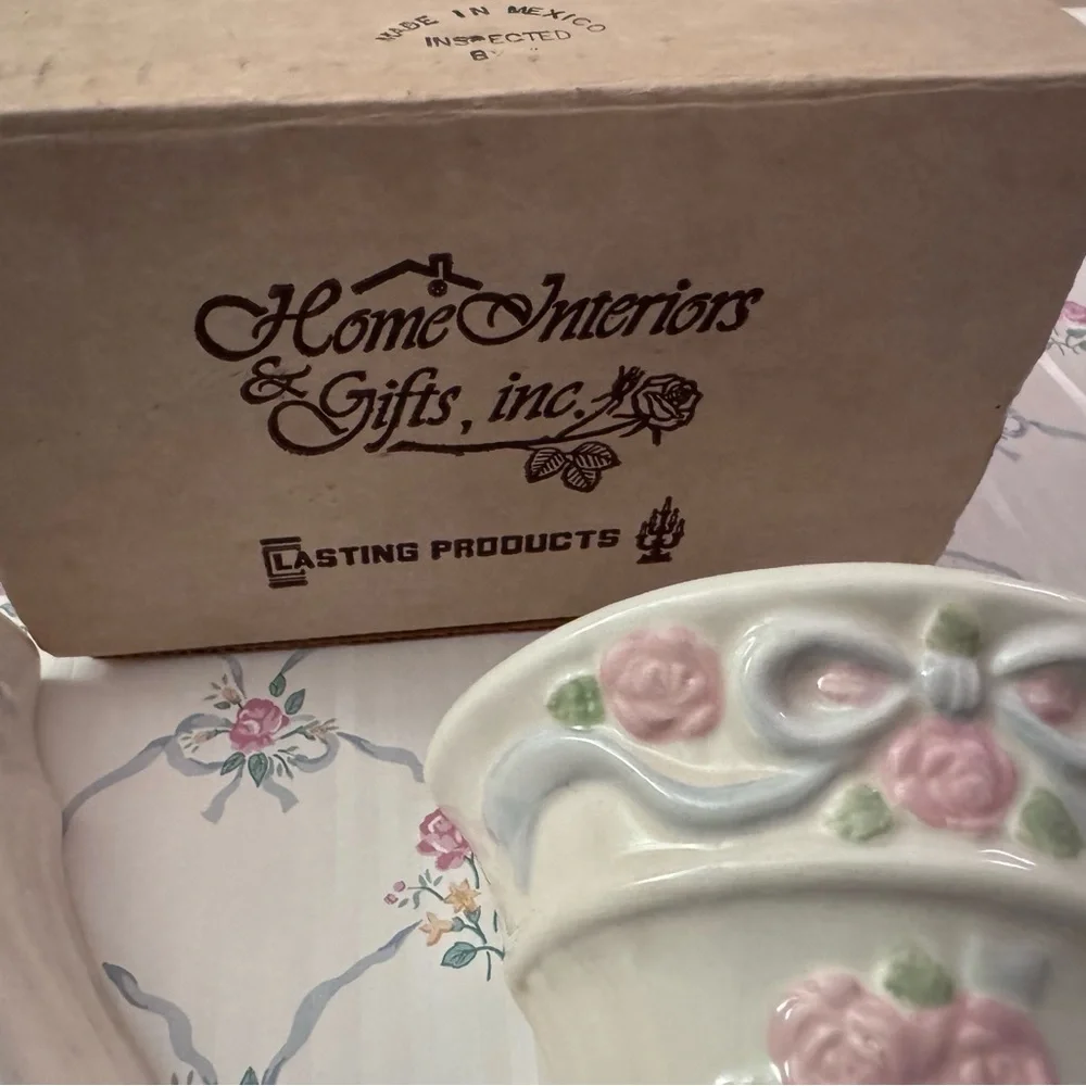 Pink Rose Ceramic Wall Pockets with Blue Ribbon Accents NOS